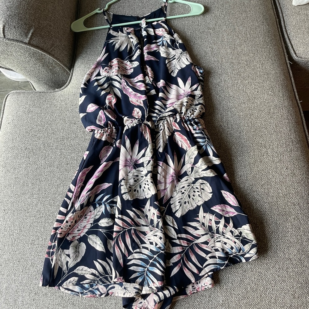 Blue tropical floral romper with keyhole neck and back